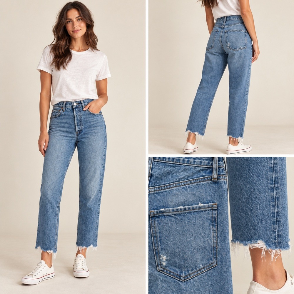 AGOLDE Riley High Rise Straight Crop Jeans Frequency Rigid Denim Raw Hem 30